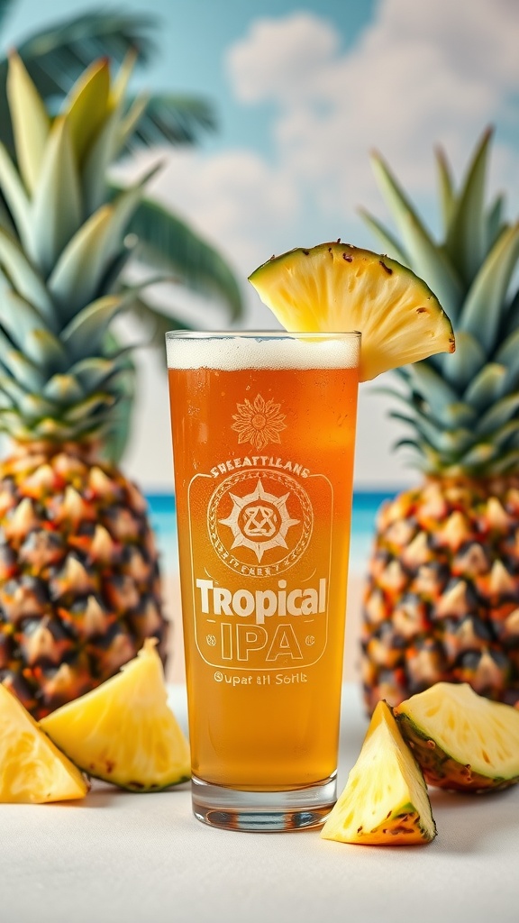 A glass of Tropical IPA with pineapple slice, surrounded by fresh pineapples.
