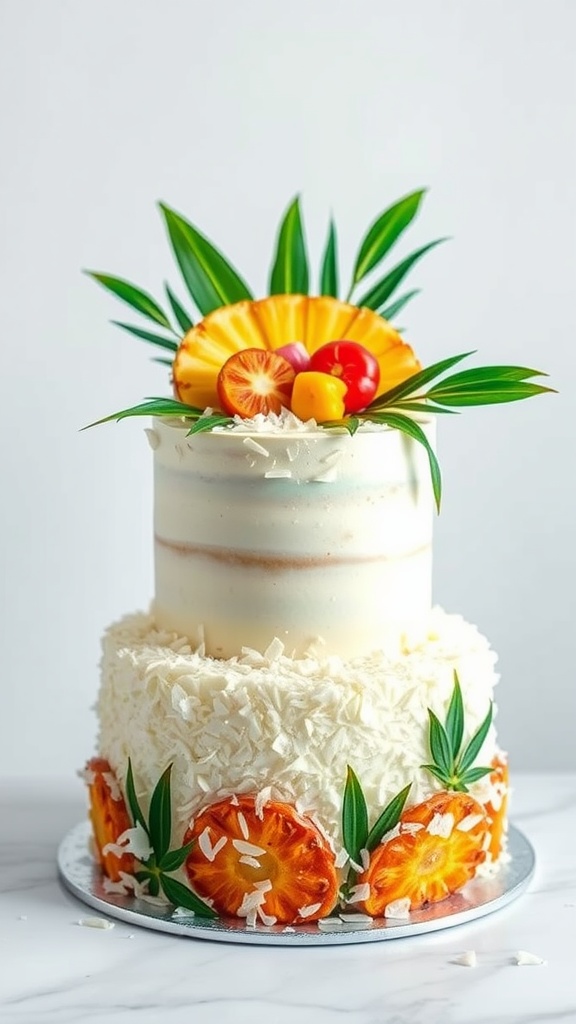 A two-tiered cake decorated with tropical fruits, coconut flakes, and vibrant leaves.