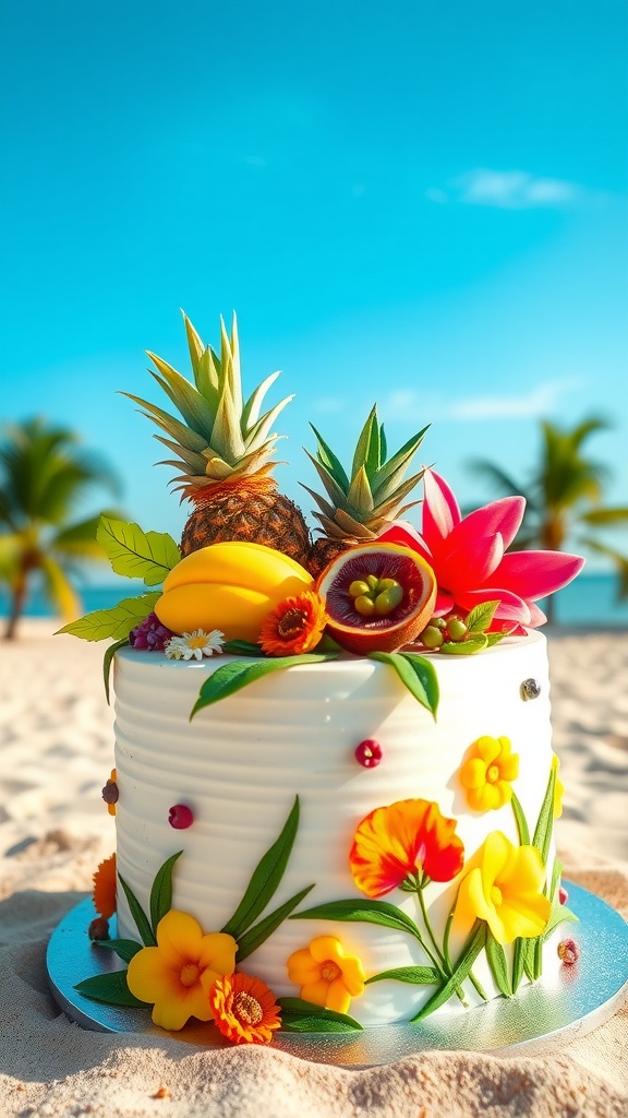A Tropical Paradise Cake decorated with pineapples, bananas, and colorful flowers on a beach.