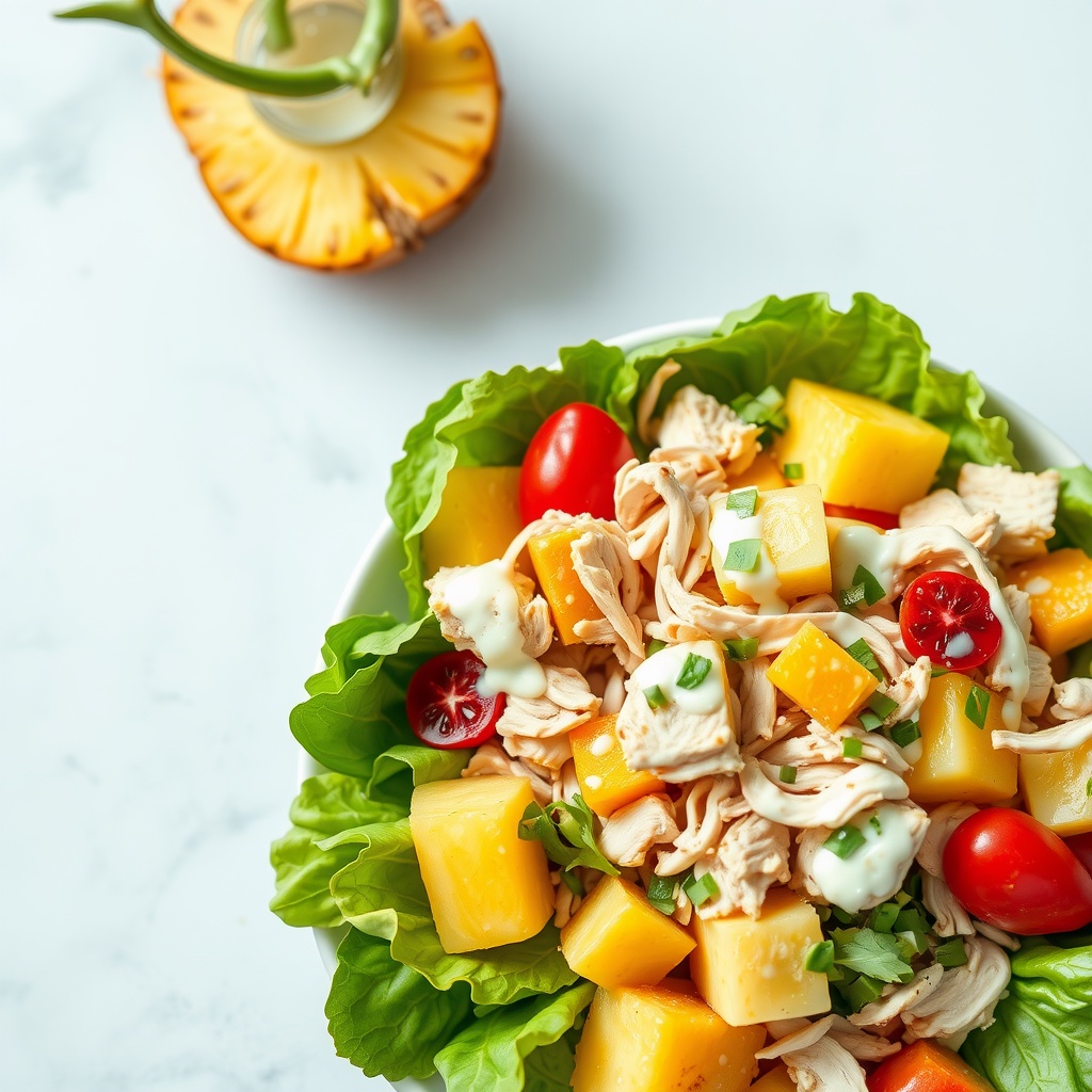 A vibrant Tropical Pineapple Chicken Salad with chicken, pineapple, cherry tomatoes, and lettuce.