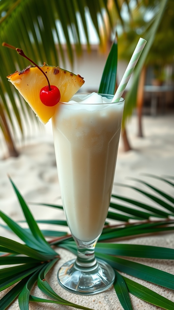 A refreshing Piña Colada cocktail garnished with pineapple slices and a cherry, set against a backdrop of palm leaves.