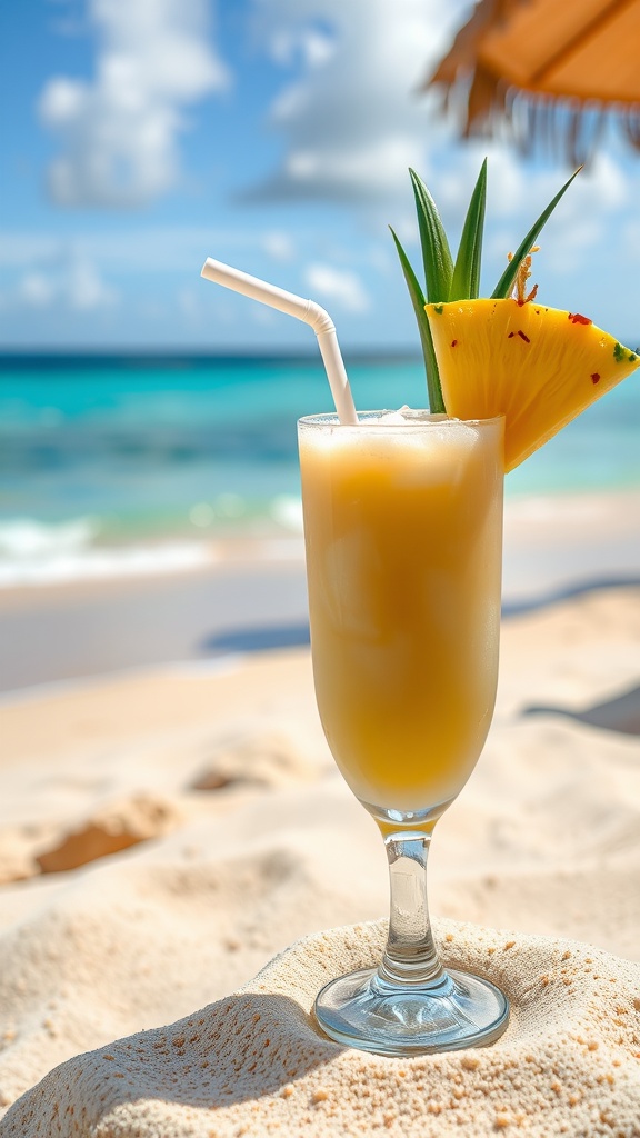 A tropical piña colada cocktail garnished with a slice of pineapple, set against a beach sunset.