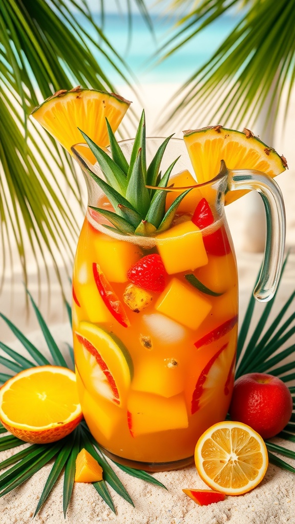 A pitcher of Tropical Rum Punch with fresh fruits set against a tropical beach background.