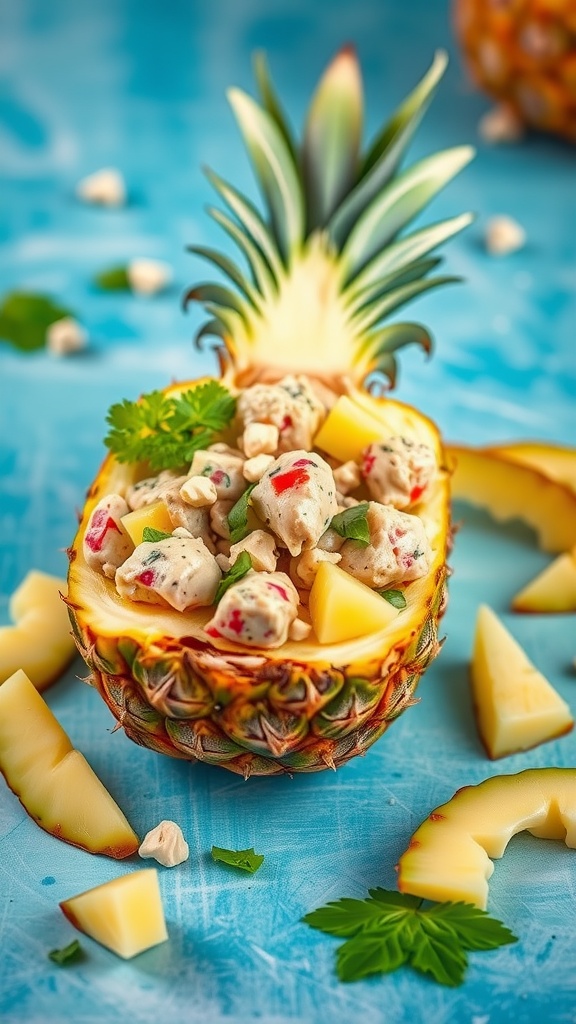 A colorful tropical tuna salad served in a pineapple shell, featuring chunks of tuna, pineapple, and garnished with herbs.