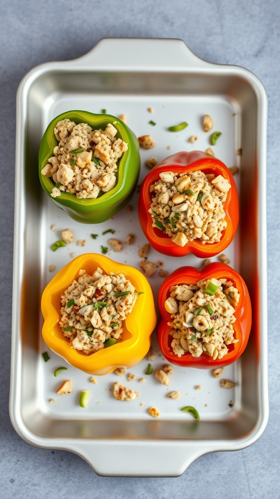 Colorful bell peppers stuffed with a tuna mixture, arranged in a baking tray