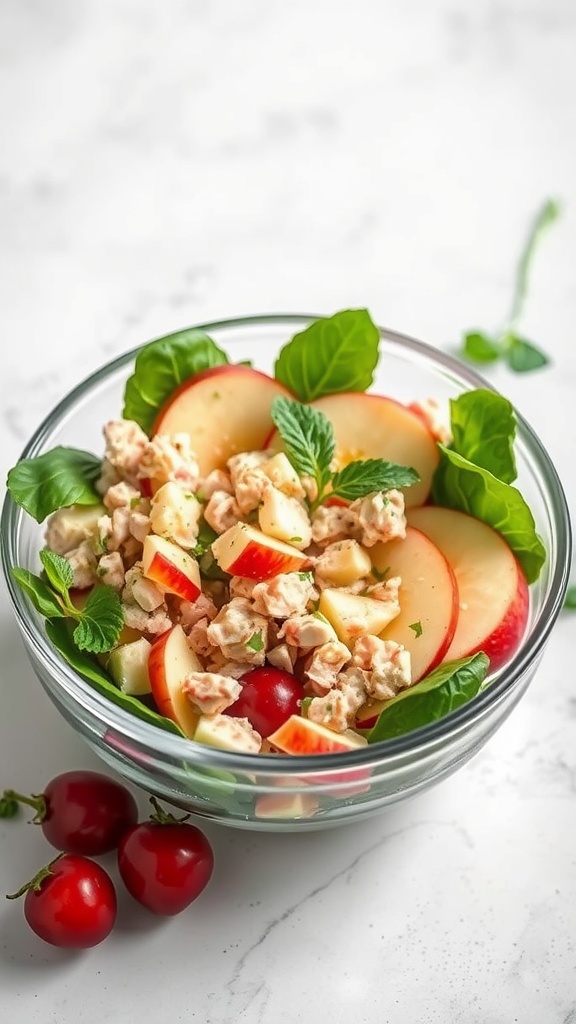 A bowl of Tuna and Apple Salad with spinach, apple slices, and cherry tomatoes.