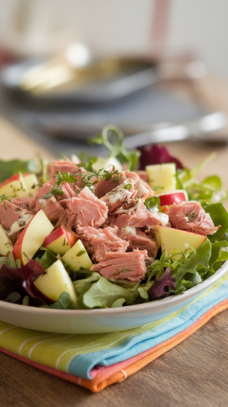 A bowl of Tuna and Apple Salad with lettuce and diced apples on a wooden table.