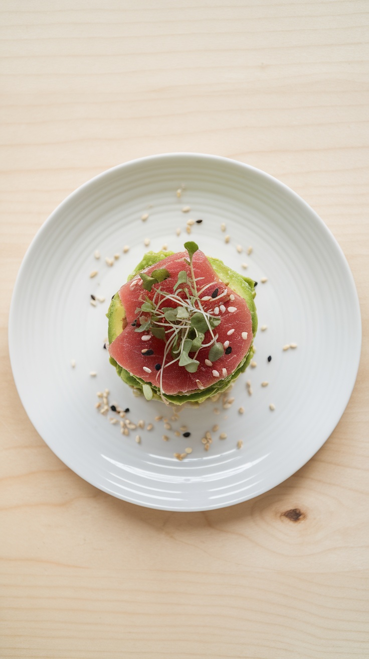 A colorful Tuna and Avocado Stack on a plate, featuring layers of fresh tuna, avocado, and cherry tomatoes garnished with sesame seeds.