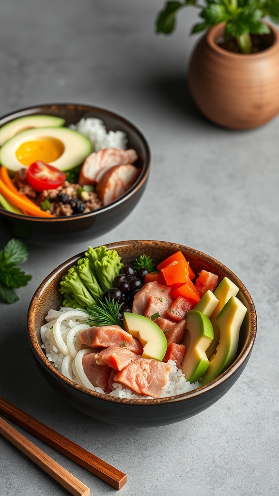 Two bowls of tuna and avocado sushi bowls with colorful vegetables