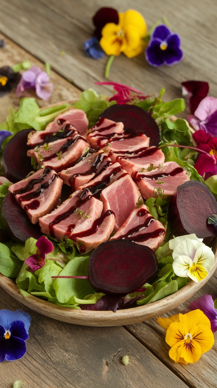 A colorful tuna and beet salad with greens, beets, and seared tuna, surrounded by flowers.