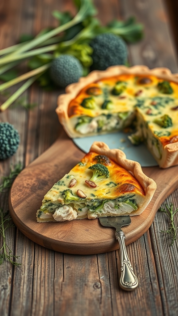 Slice of tuna and broccoli quiche on a wooden serving board with fresh broccoli in the background