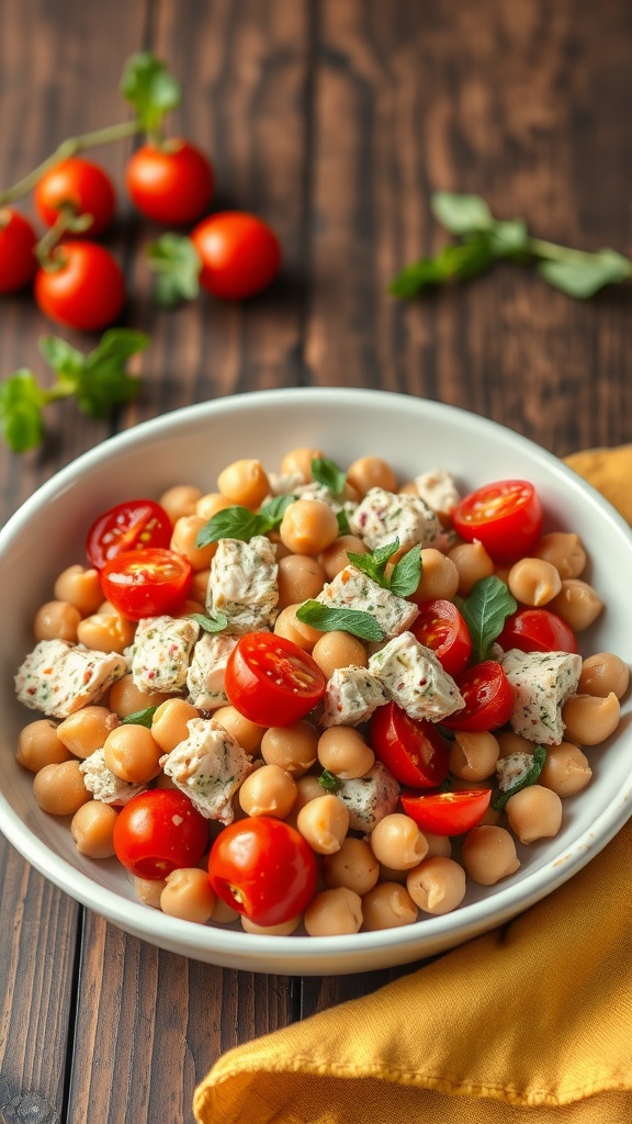 A bowl of Tuna and Chickpea Salad with cherry tomatoes and parsley.