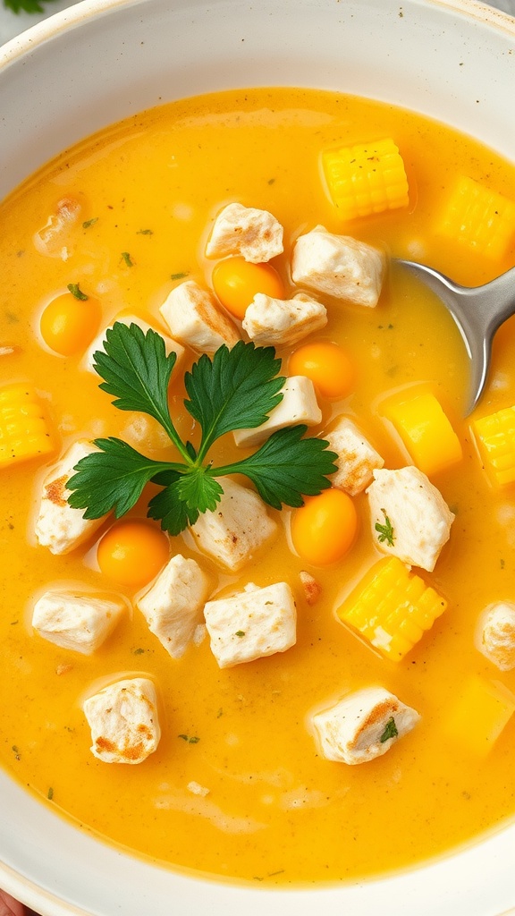 A bowl of tuna and corn chowder with chunks of tuna, corn, and parsley.