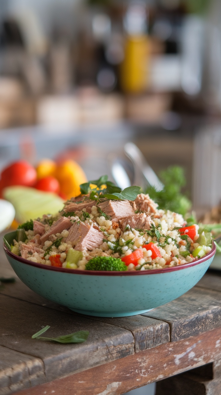 A bowl of tuna and couscous salad garnished with fresh herbs and tomatoes