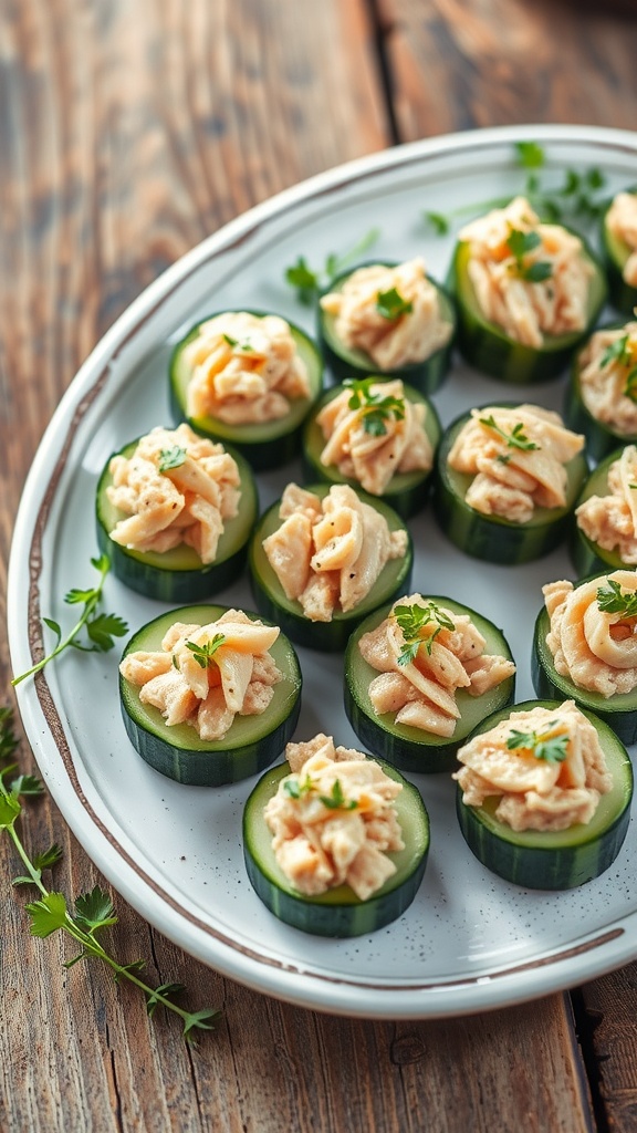 A wooden platter with cucumber slices topped with creamy tuna salad and garnished with herbs.