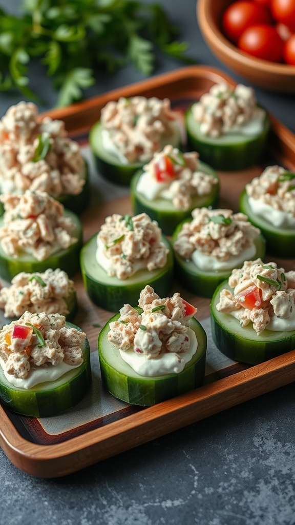 Platter of Tuna and Cucumber Bites topped with cream cheese and tuna mixture