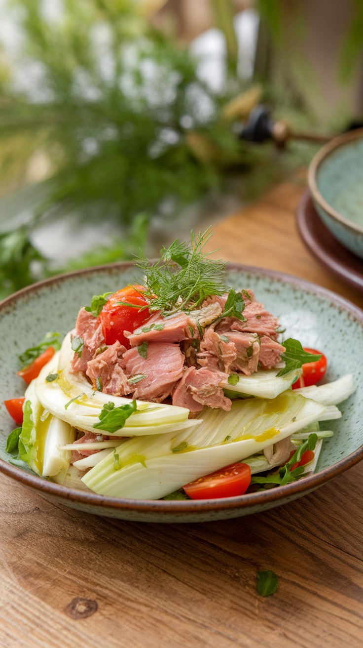 Bowl of tuna salad featuring chunks of tuna, cherry tomatoes, and sliced fennel