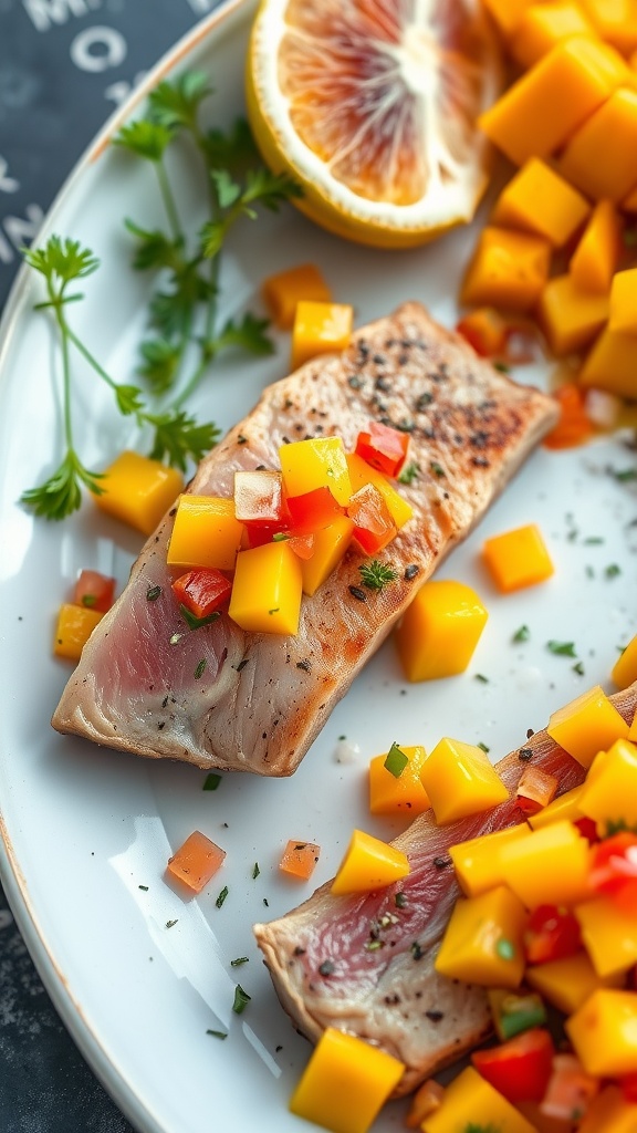 A plate of seared tuna topped with mango salsa, garnished with herbs and a slice of lemon.