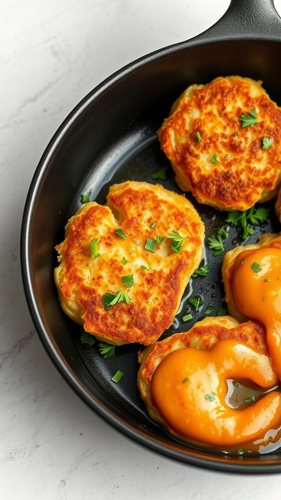 Crispy tuna and potato patties in a skillet, garnished with parsley and served with sauce.