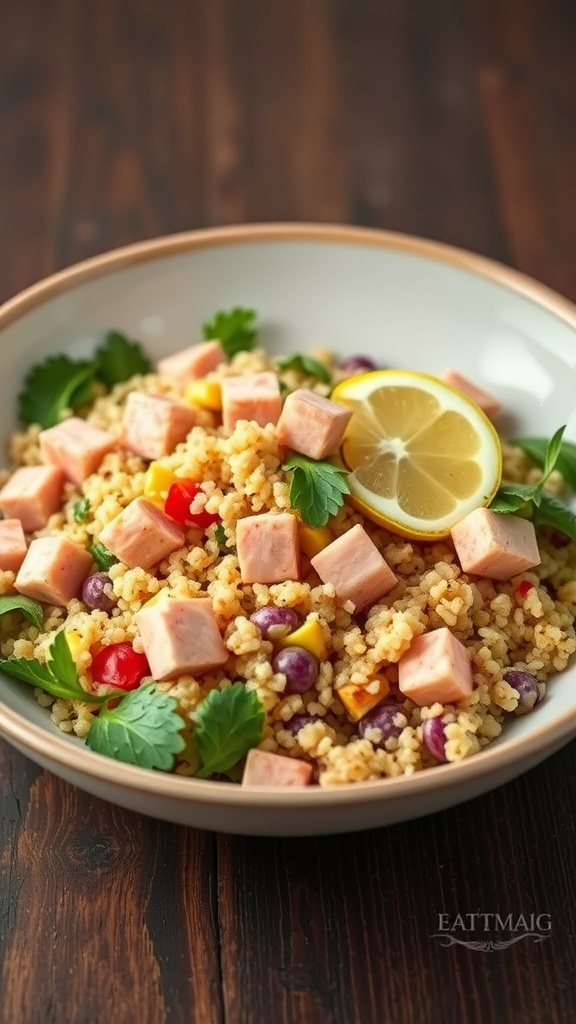 A bowl of Tuna and Quinoa Salad with diced tuna, colorful vegetables, and lemon slices.
