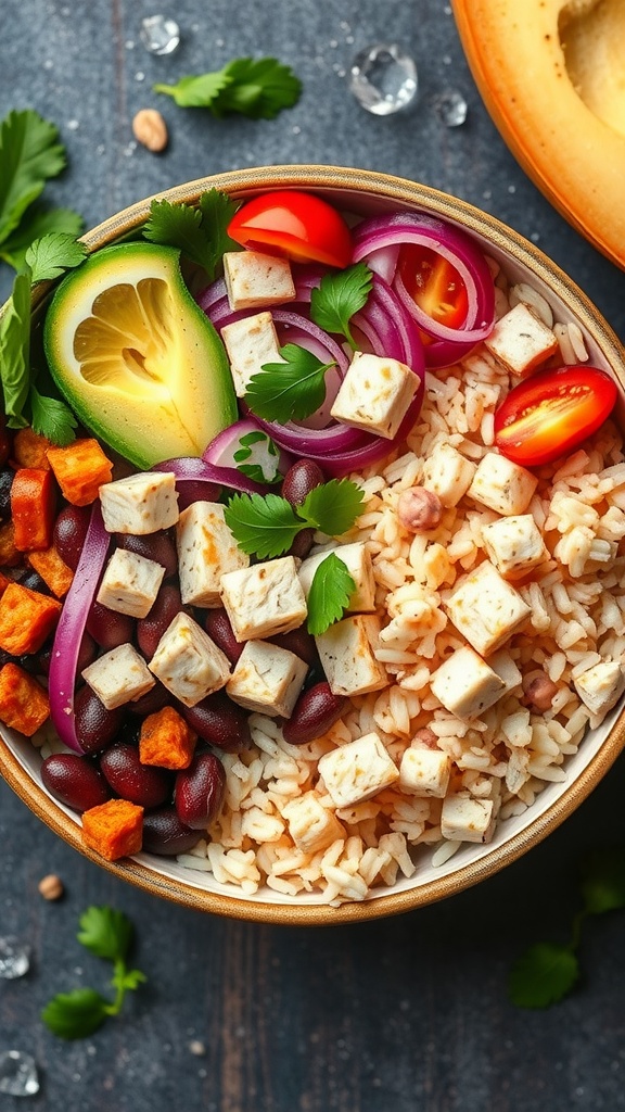 A bowl filled with rice, fresh tuna cubes, tomatoes, avocado, and cilantro.
