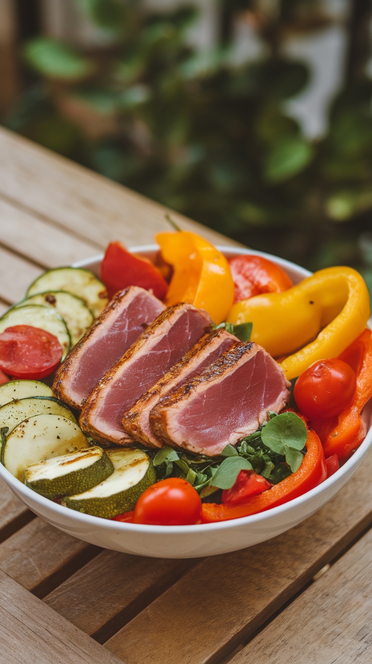 A bowl of grilled tuna and assorted roasted vegetables including zucchini, bell peppers, and tomatoes.