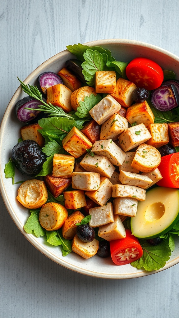 A bowl filled with roasted vegetables and tuna, garnished with greens and cherry tomatoes