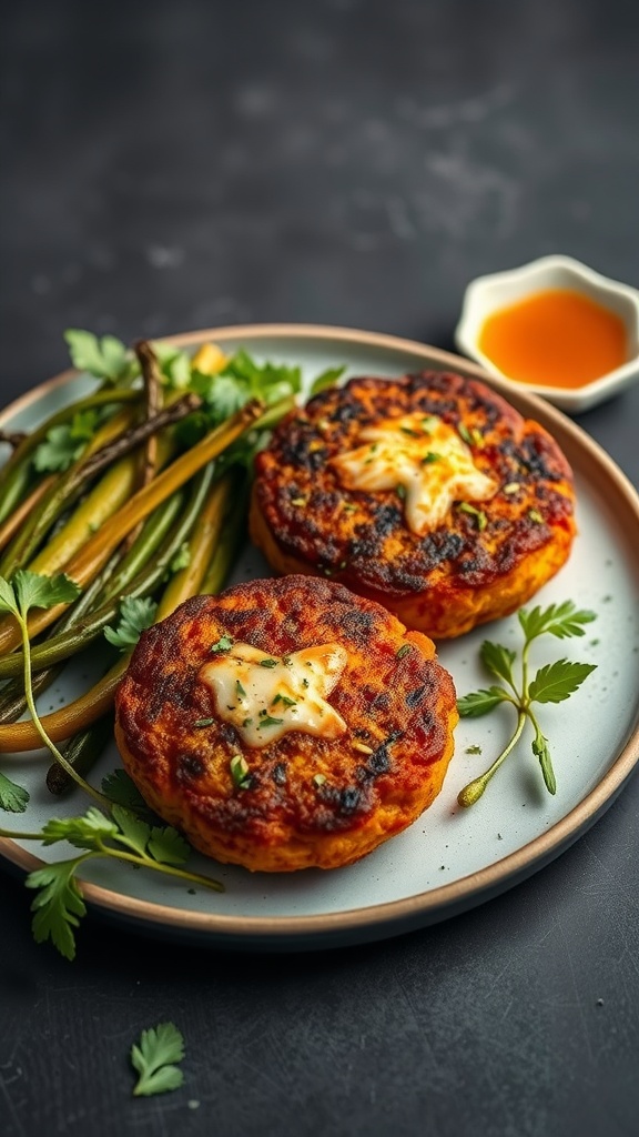 Tuna and sweet potato cakes served on a plate with sautéed vegetables and a dipping sauce.