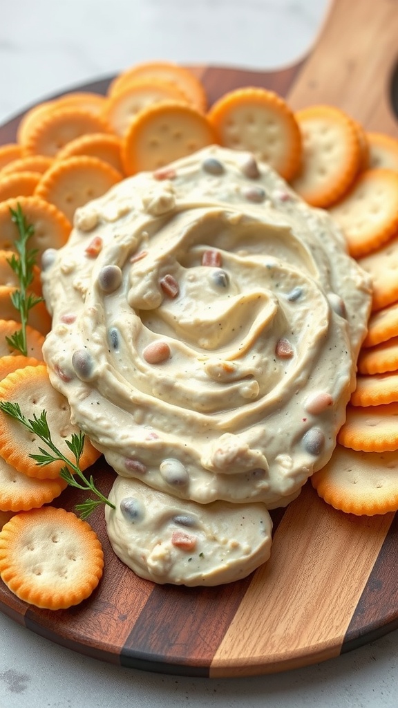 A creamy tuna and white bean dip surrounded by crackers and celery sticks on a wooden platter.