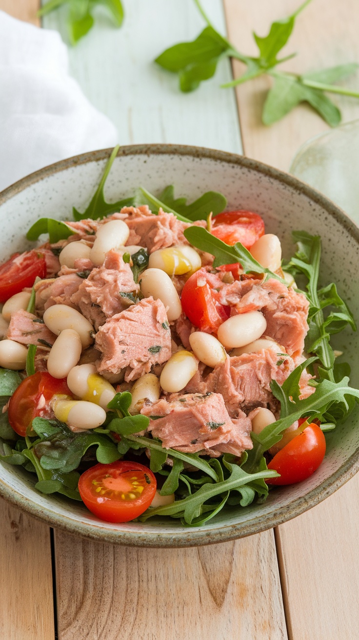 A bowl of tuna and white bean salad with cherry tomatoes and greens on a wooden table.