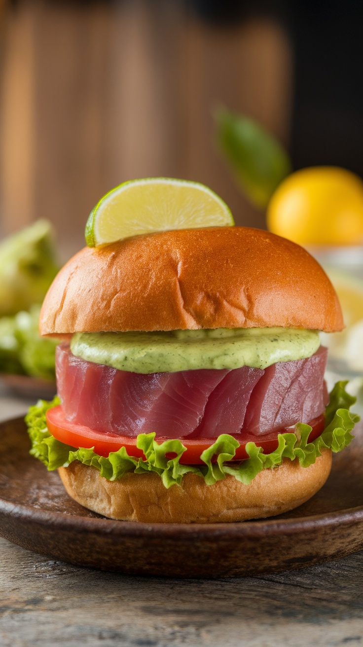 Tuna burger with wasabi mayo, lettuce, and tomato on a wooden plate.