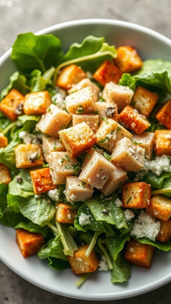 A vibrant Tuna Caesar Salad with lettuce, seared tuna, croutons, and dressing in a bowl.