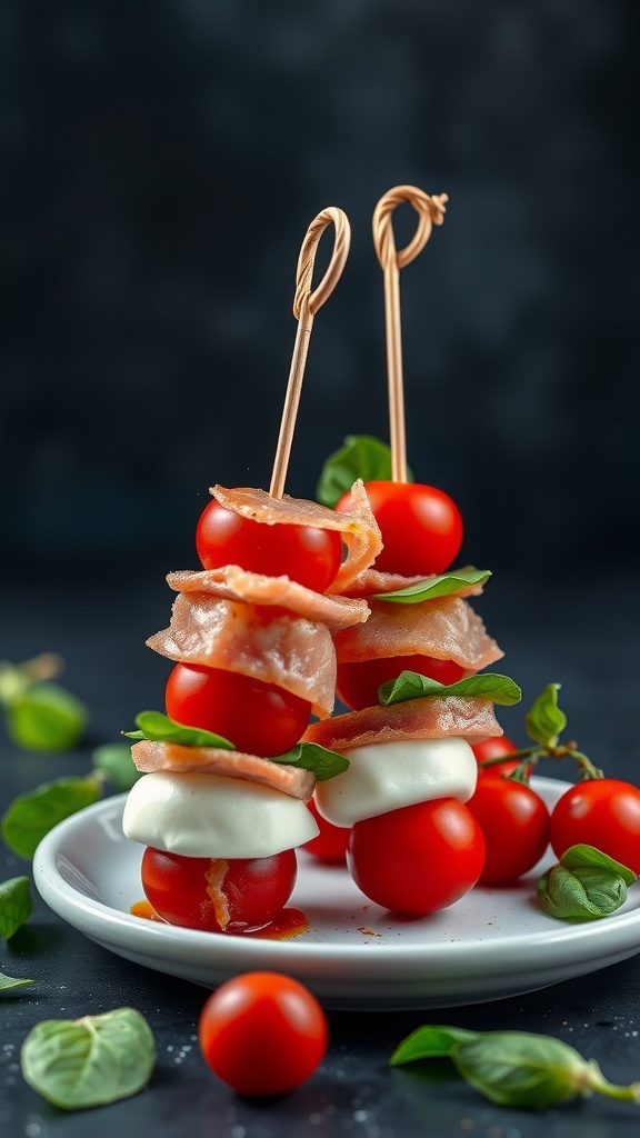 Tuna Caprese Skewers with cherry tomatoes, mozzarella, basil, and slices of tuna on a plate
