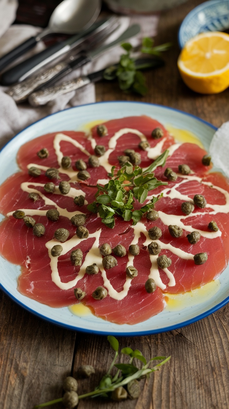 A plate of Tuna Carpaccio with lemon slices and capers on a wooden table