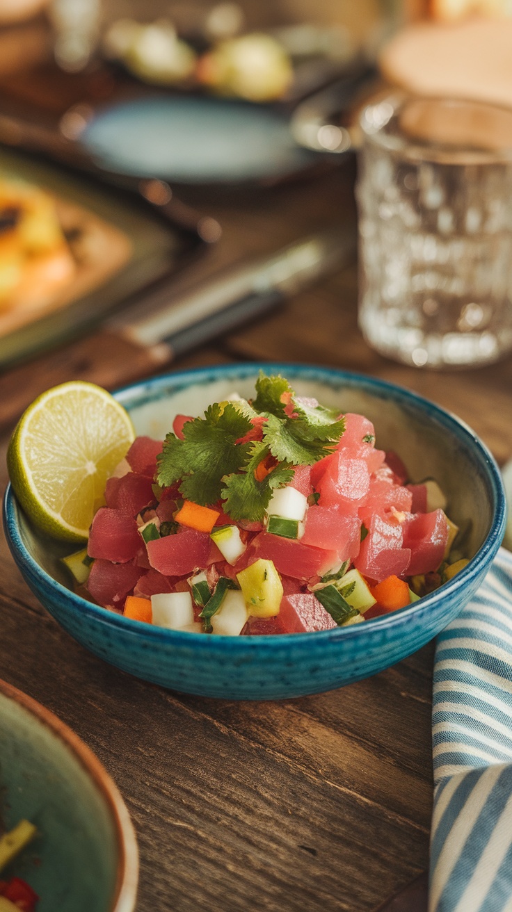 A colorful bowl of tuna ceviche with diced fresh vegetables and herbs