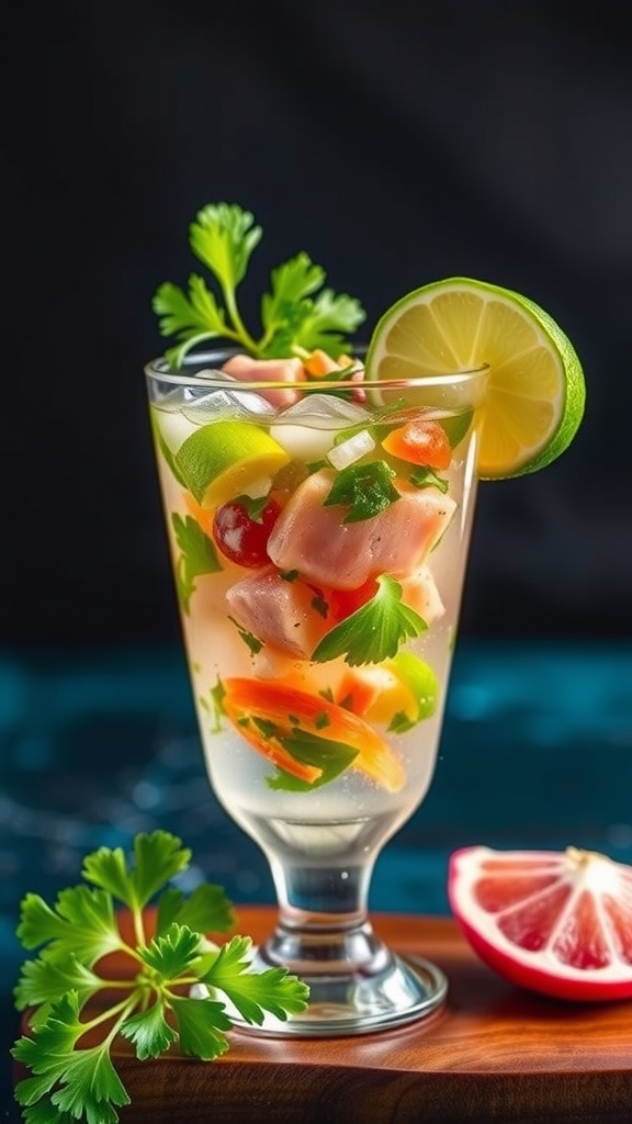A glass of tuna ceviche garnished with cilantro and lime slices