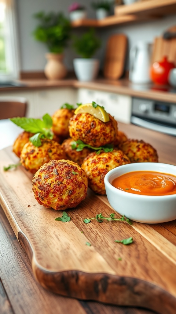 A wooden platter with golden-brown tuna croquettes, garnished with herbs, served with a bowl of sauce.