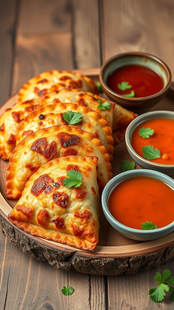A platter of golden-brown tuna empanadas served with dipping sauces.