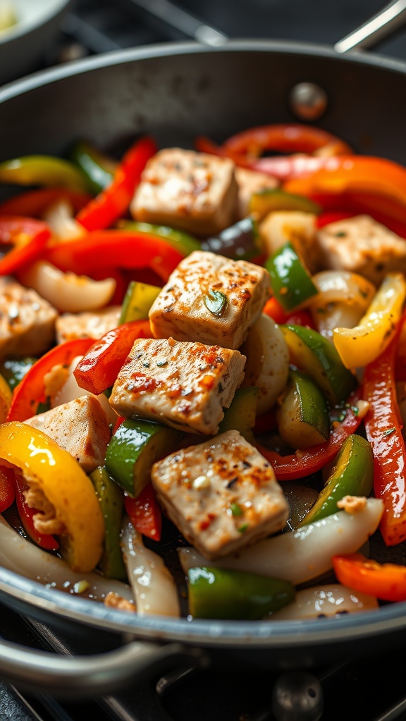 A skillet filled with tuna cubes and colorful peppers and onions being sautéed together.