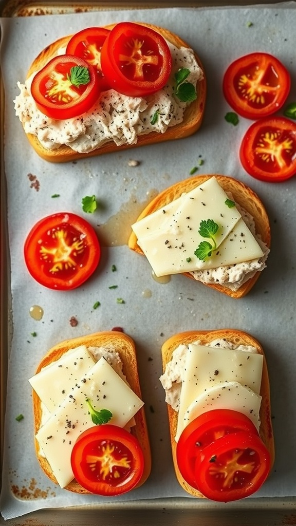 Delicious tuna melts topped with tomato and cheese on a baking sheet.