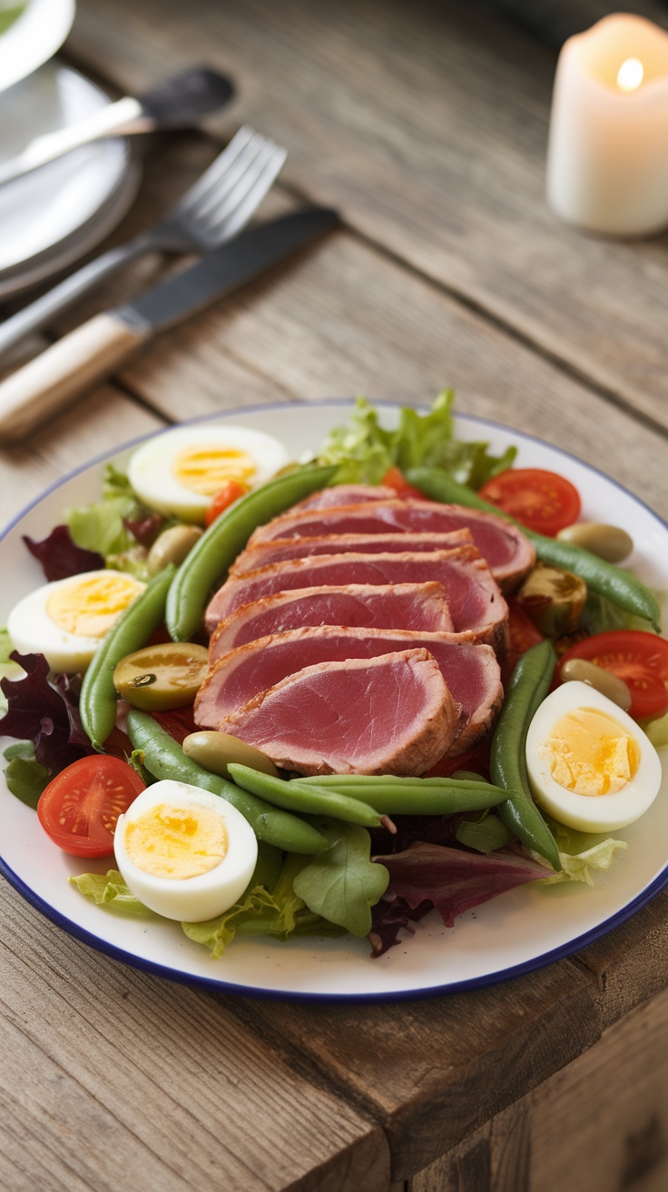 A delicious Tuna Nicoise Salad with seared tuna, cherry tomatoes, green beans, olives, and hard-boiled eggs on a white plate.