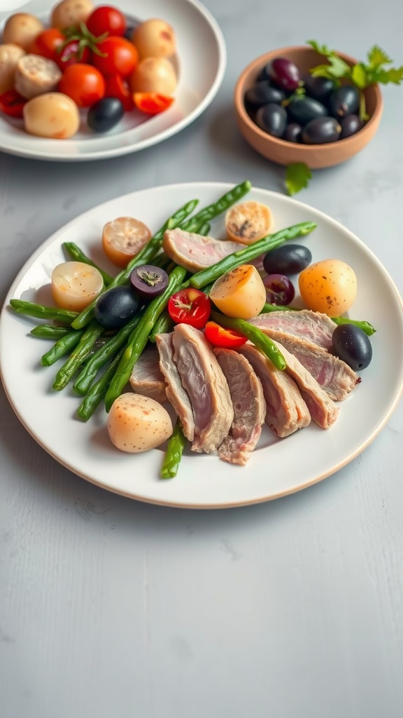 A colorful Tuna Niçoise Salad featuring seared tuna, green beans, potatoes, and olives on a plate.