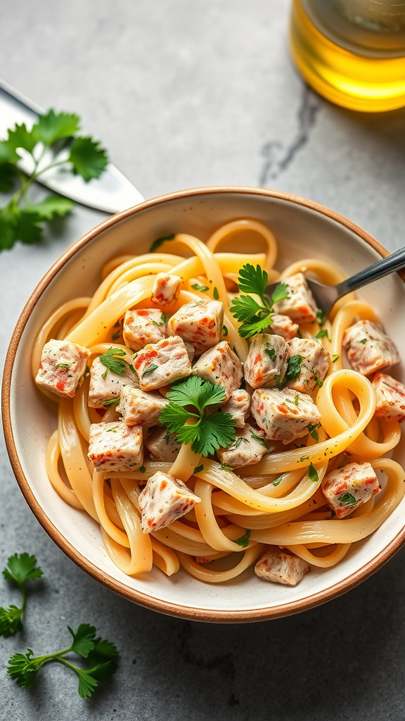 Plate of tuna pasta with garlic and olive oil garnished with cilantro.