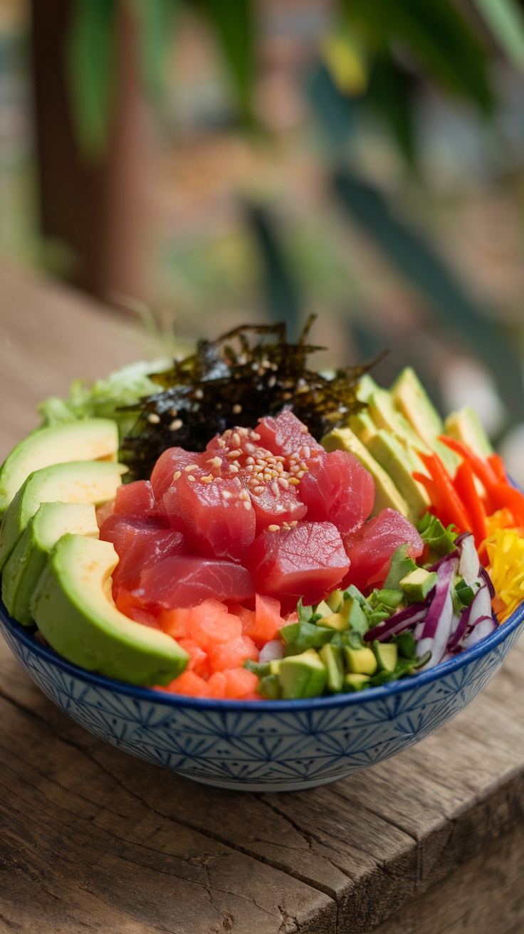 A bowl of Tuna Poke with diced tuna, fresh vegetables, and garnishes.