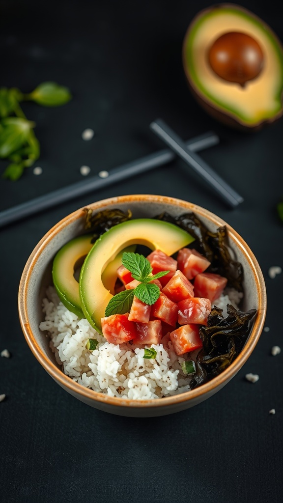 A bowl of Tuna Poke with avocado, tuna cubes, and seaweed salad on rice