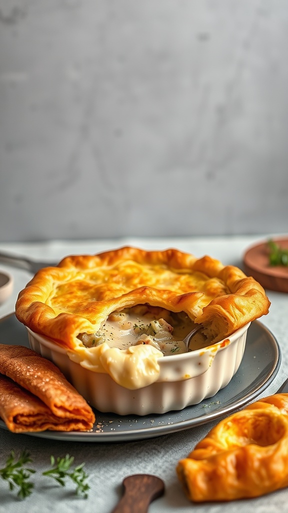 A delicious tuna pot pie with golden puff pastry, served on a plate with sides.