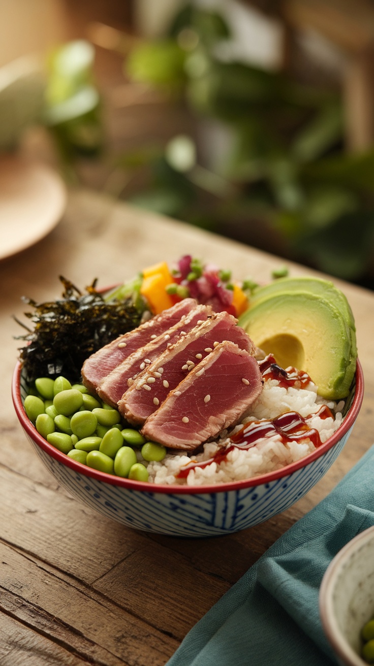 A vibrant tuna rice bowl with seared tuna slices, avocado, and colorful vegetables on a bed of rice.