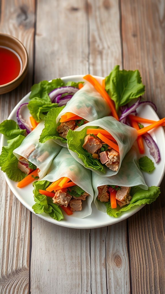 A plate of tuna rice paper rolls with fresh vegetables on a wooden table.