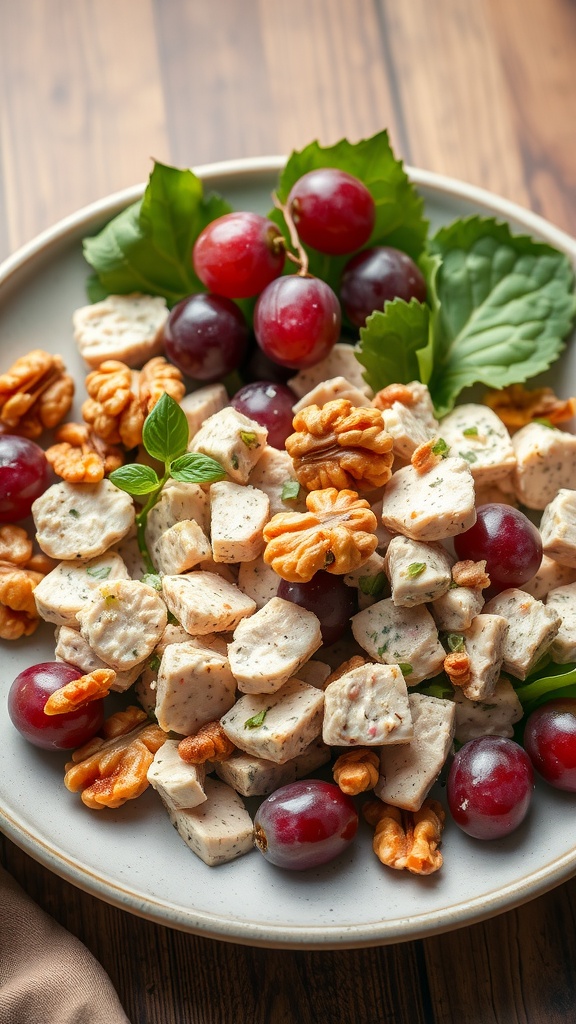 A plate of tuna salad mixed with grapes and walnuts, garnished with fresh greens.