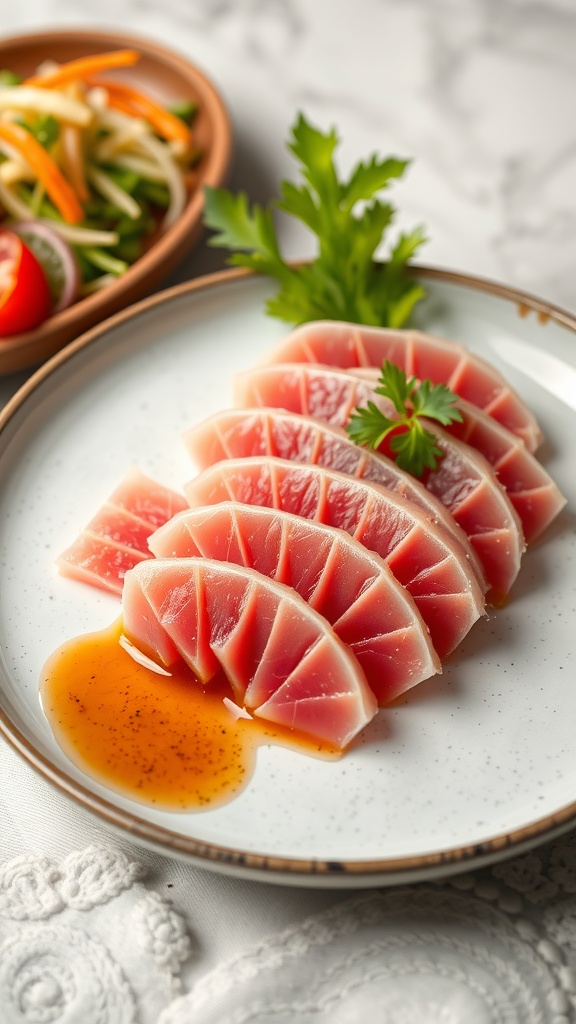 Plate of tuna sashimi with ponzu sauce and a side salad.